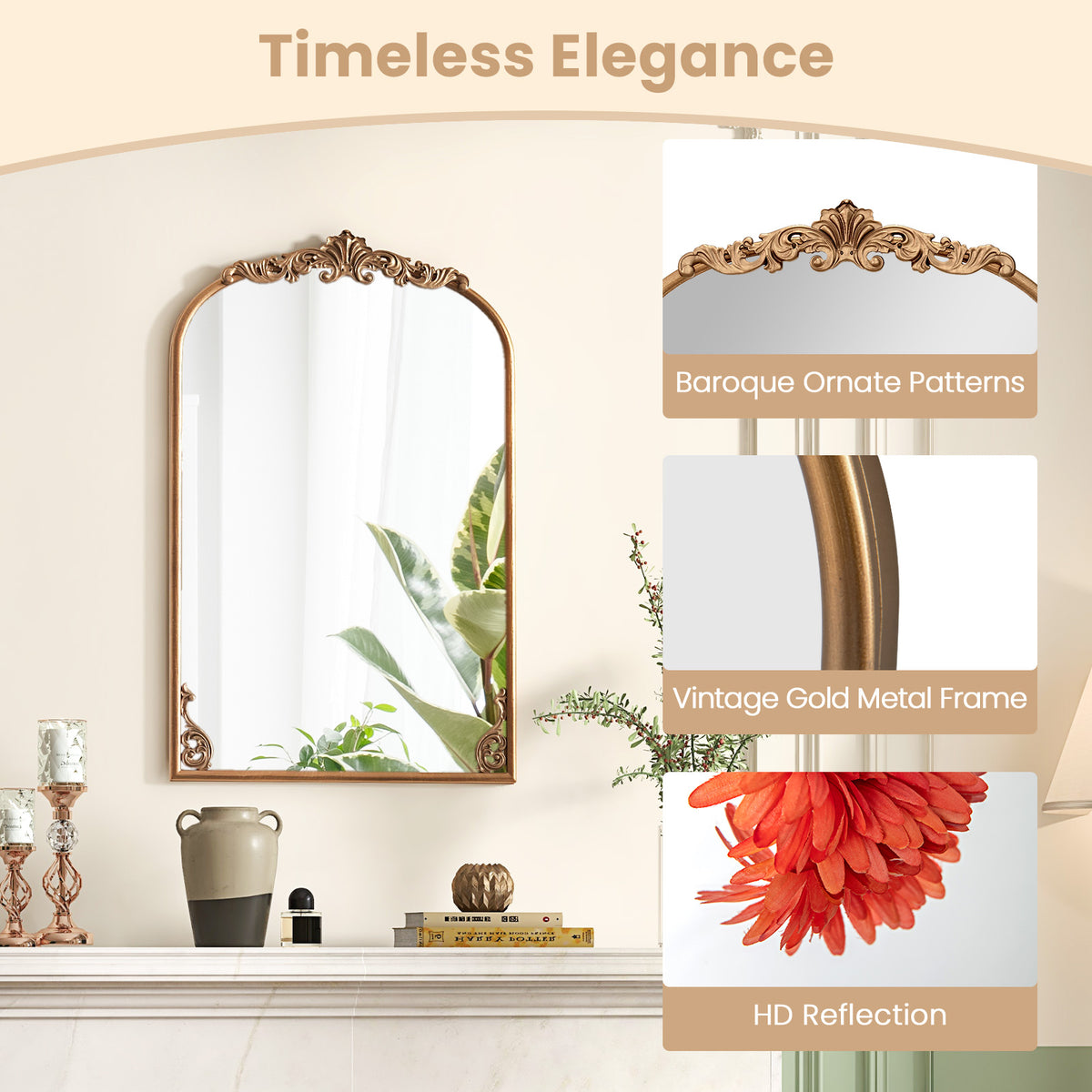 Antiqued Gold Wall Mirror with Baroque Ornate Frame-S