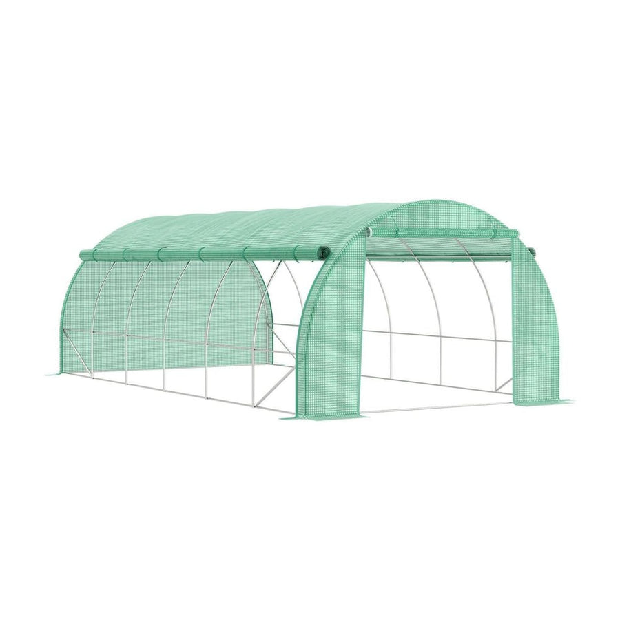 Outsunny Polytunnel Greenhouse Walk-in Grow House Tent with Roll-up Sidewalls, Zipped Door and 12 Windows, 6x3x2m Green