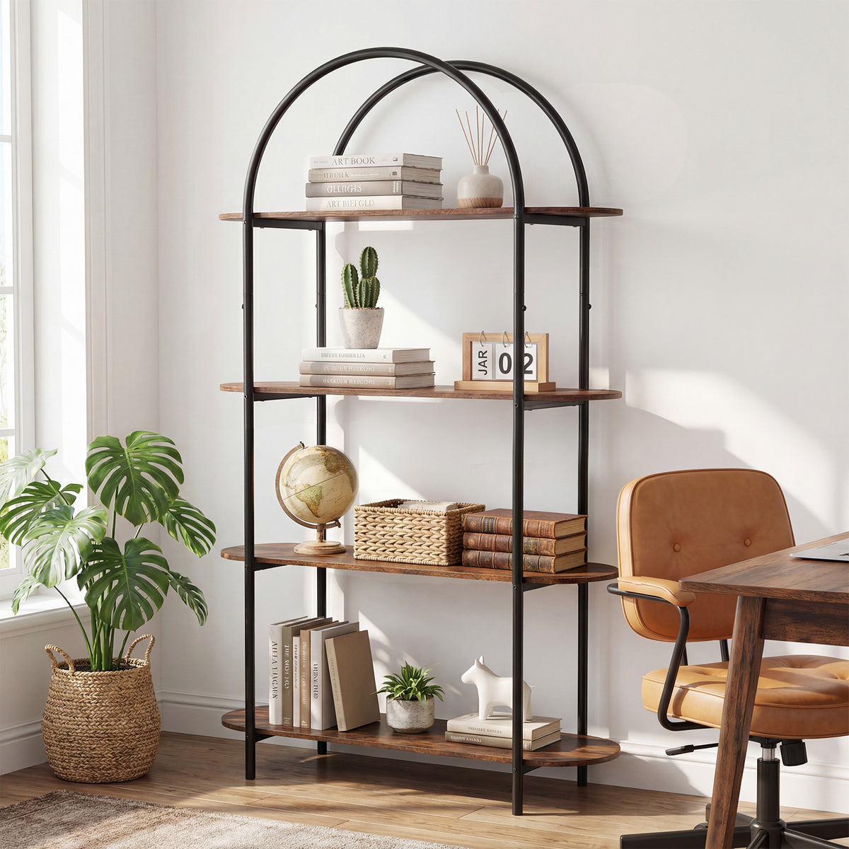 Arched Bookshelf 4-Tier Industrial Open Bookcase with Sturdy Metal Frame-Brown