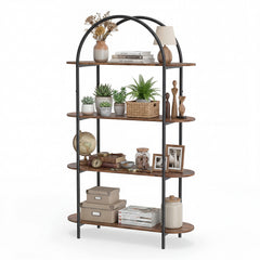 Arched Bookshelf 4-Tier Industrial Open Bookcase with Sturdy Metal Frame-Brown