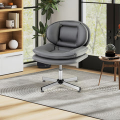 The grey office chair in a modern living room with a rug and side table