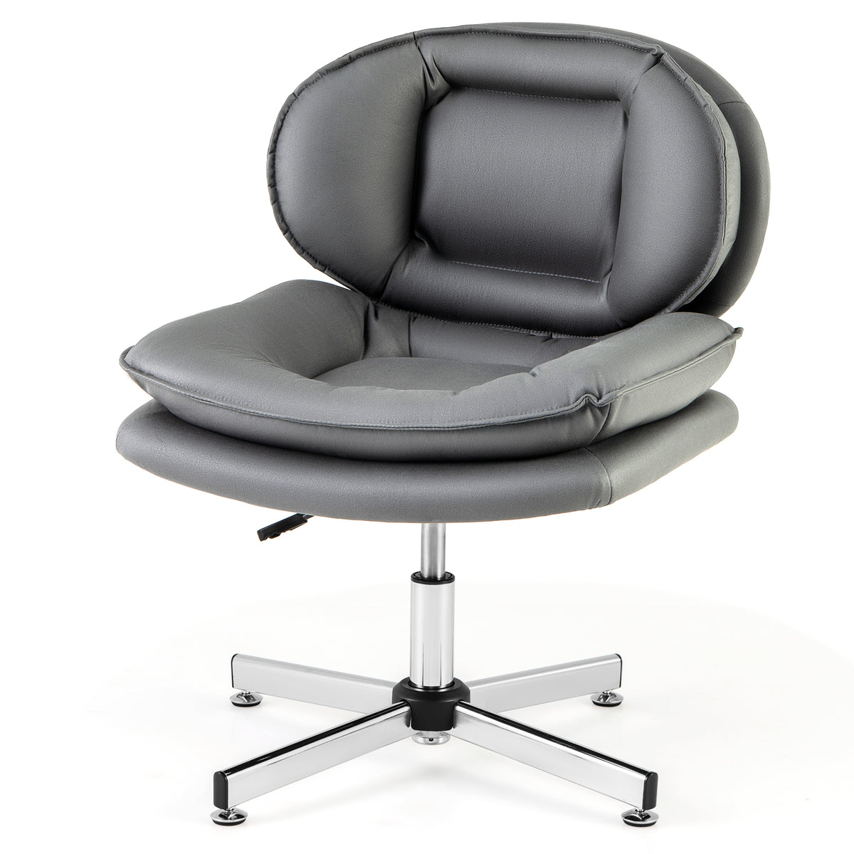 The grey office chair has a double padded back and seat on a criss cross metal base