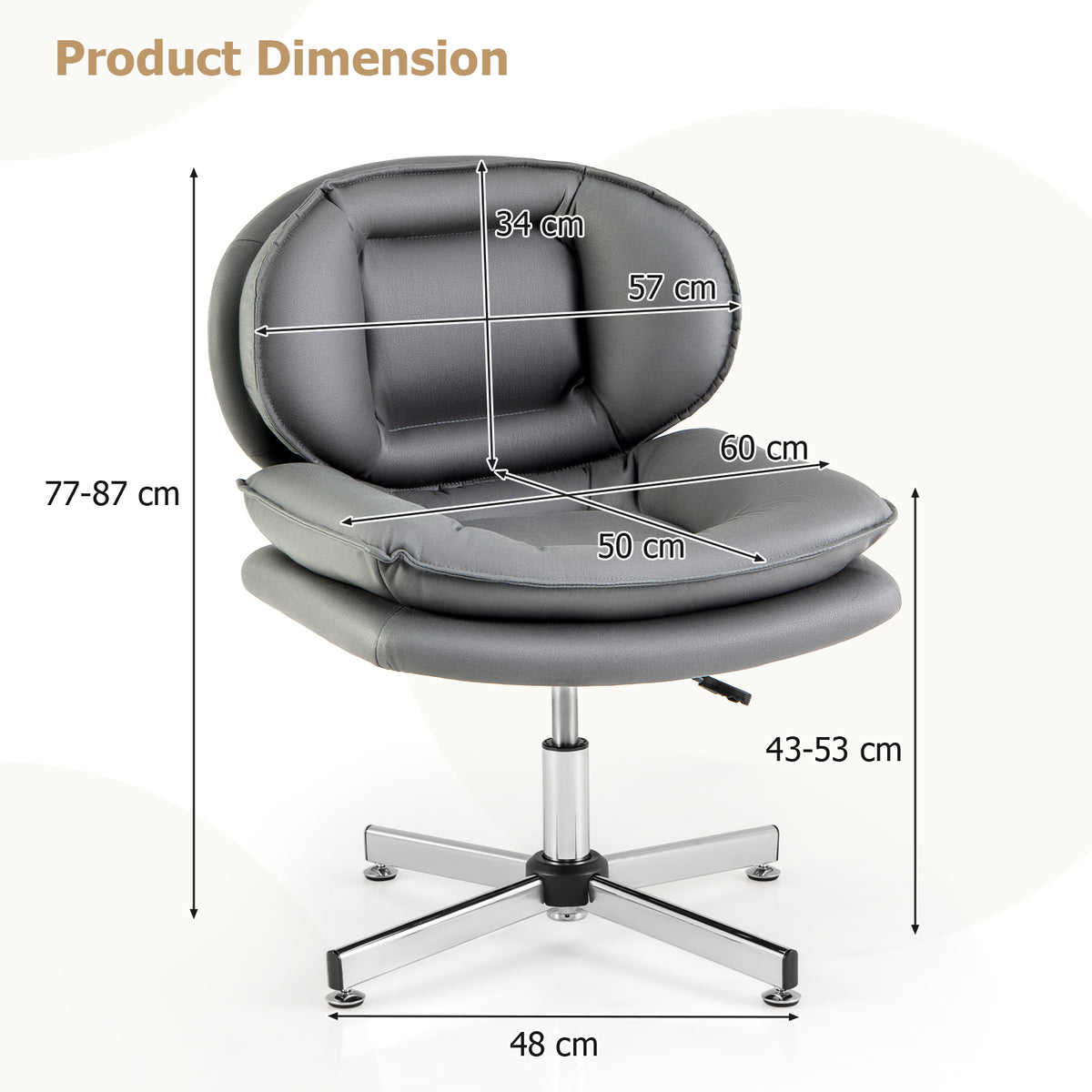 Product dimensions for the grey office chair showing height and width