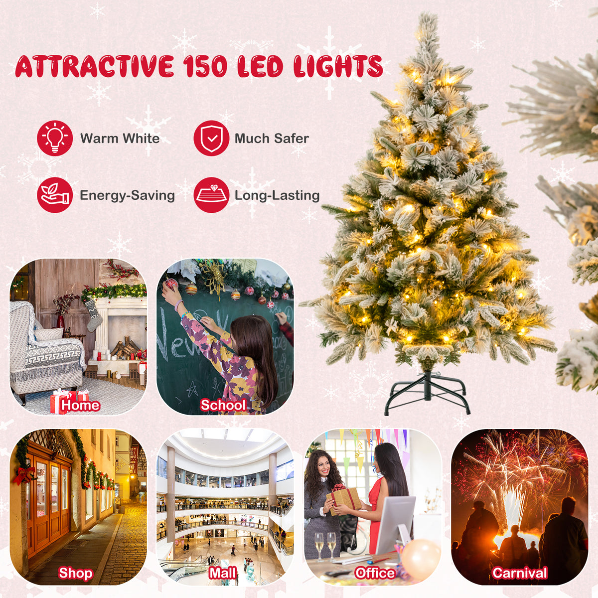 Pre-Lit Snow Flocked Christmas Tree with Warm-White LED Lights-4.5 ft
