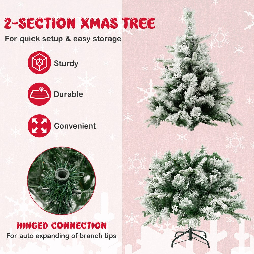 The two-section snow flocked Christmas tree showing its hinged connection for easy assembly and storage