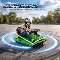 AIYAPLAY 24V Electric Go Kart for Kids with Drift Mode, 300W Brushless Motor, Soft Start and Dual Speed for Ages 6-10, Green