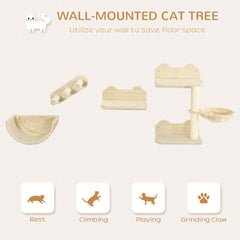 PawHut 4PCs Wall-Mounted Cat Shelves w/ Scratching Post, Hammock, Nest - Beige