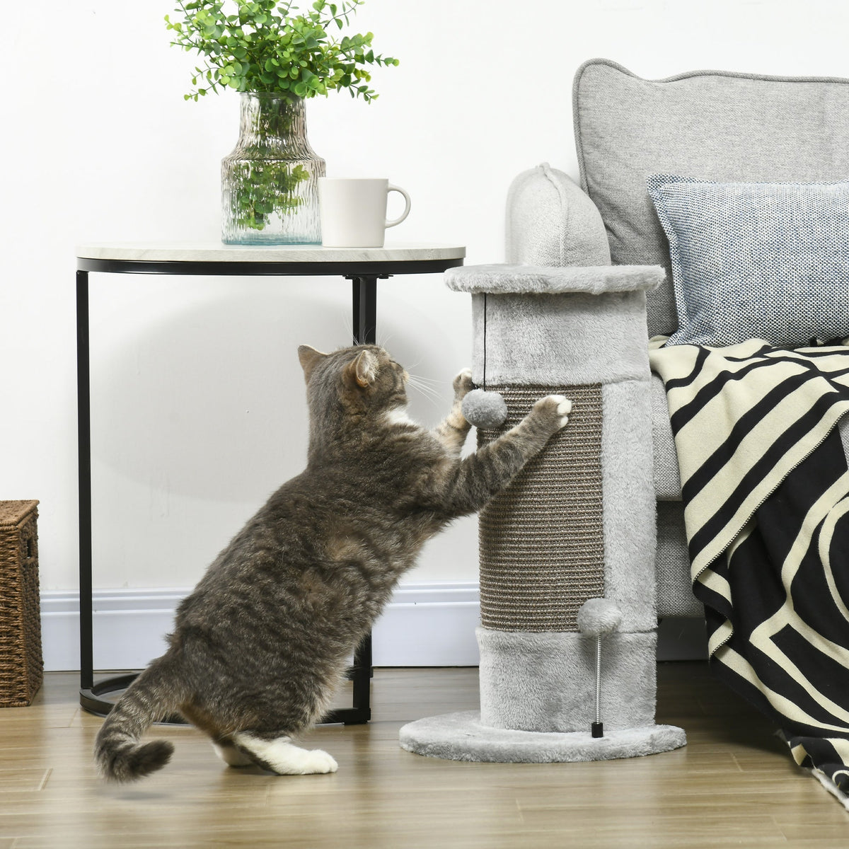 PawHut 58cm Cat Scratching Post, with Covered Plush, Play Balls, for Corner Walls - Grey