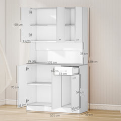 HOMCOM Kitchen Cupboard, Freestanding Kitchen Storage Cabinet with 6 Doors, Drawer, Adjustable Shelves and Open Countertop for Dining Room, White