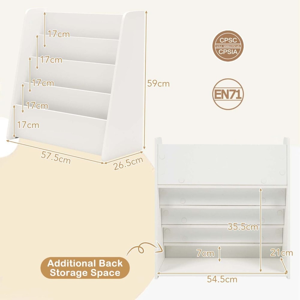 The bookshelf with dimension labels for the shelves and the additional storage space at the back