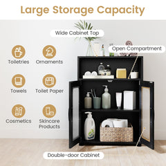 The floor cabinet with doors open showing storage for toiletries and towels