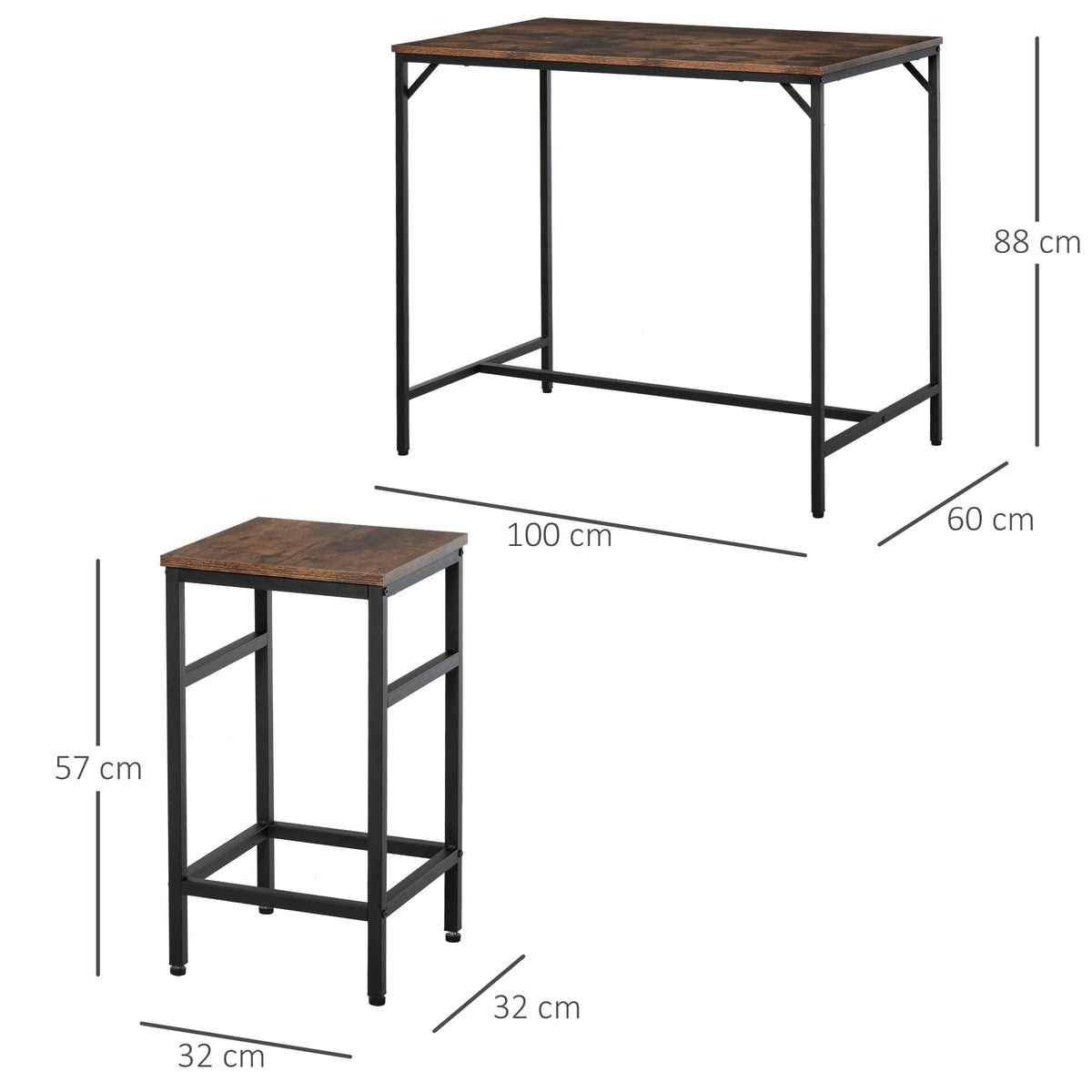 HOMCOM 5-Piece Breakfast Bar Table and Stools Set, Kitchen Bar Table Set with High Table and 4 Stools, Space Saving Compact Dining Furniture for Small Spaces, Rustic Brown
