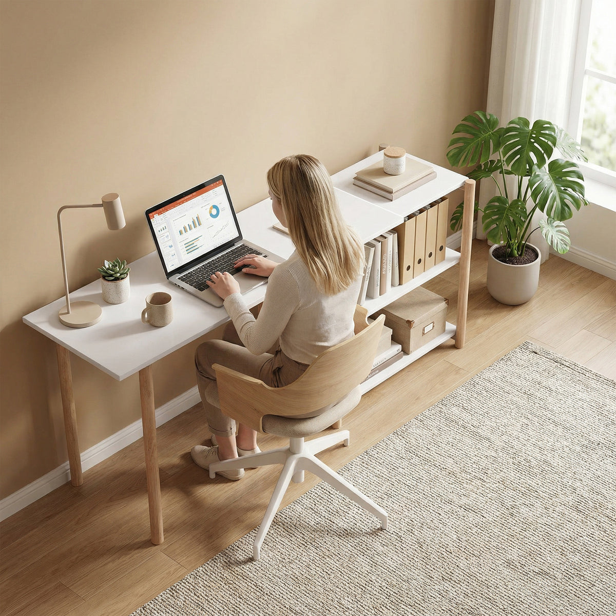 A woman working on a laptop at the computer desk with storage shelves in a home office