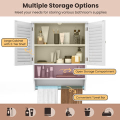 Multiple storage options are highlighted within the cabinet, including shelves and a towel bar