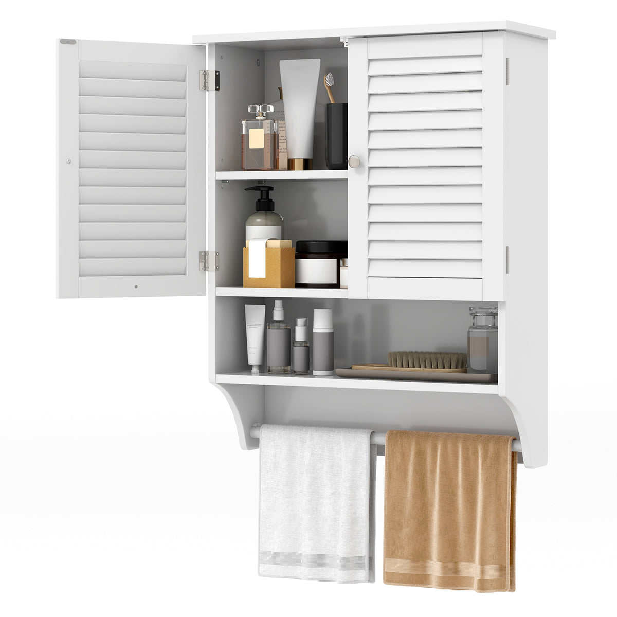 The cabinet doors are open, showing adjustable shelves and a towel rail