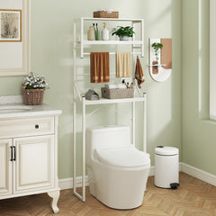 The bathroom storage unit placed over a toilet in a light green room with a vanity unit