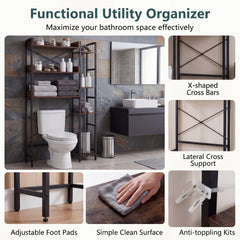 Close up of the over toilet storage unit showing adjustable feet and cross bars