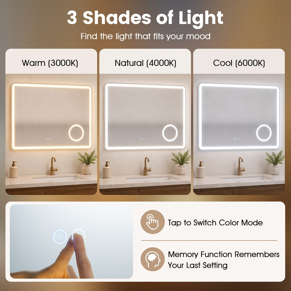 The LED bathroom mirror with anti-fog and 3x magnification demonstrating its three light colour temperatures