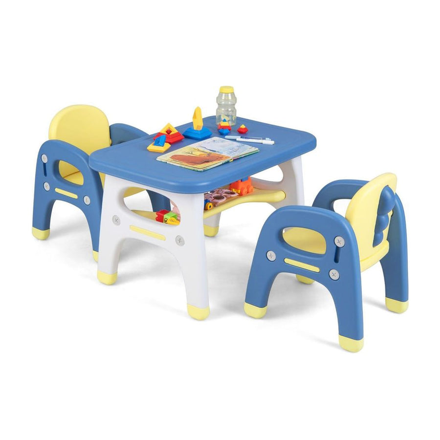 Kids Table and 2 Chairs Set with Storage Shelf and Building Blocks-Blue