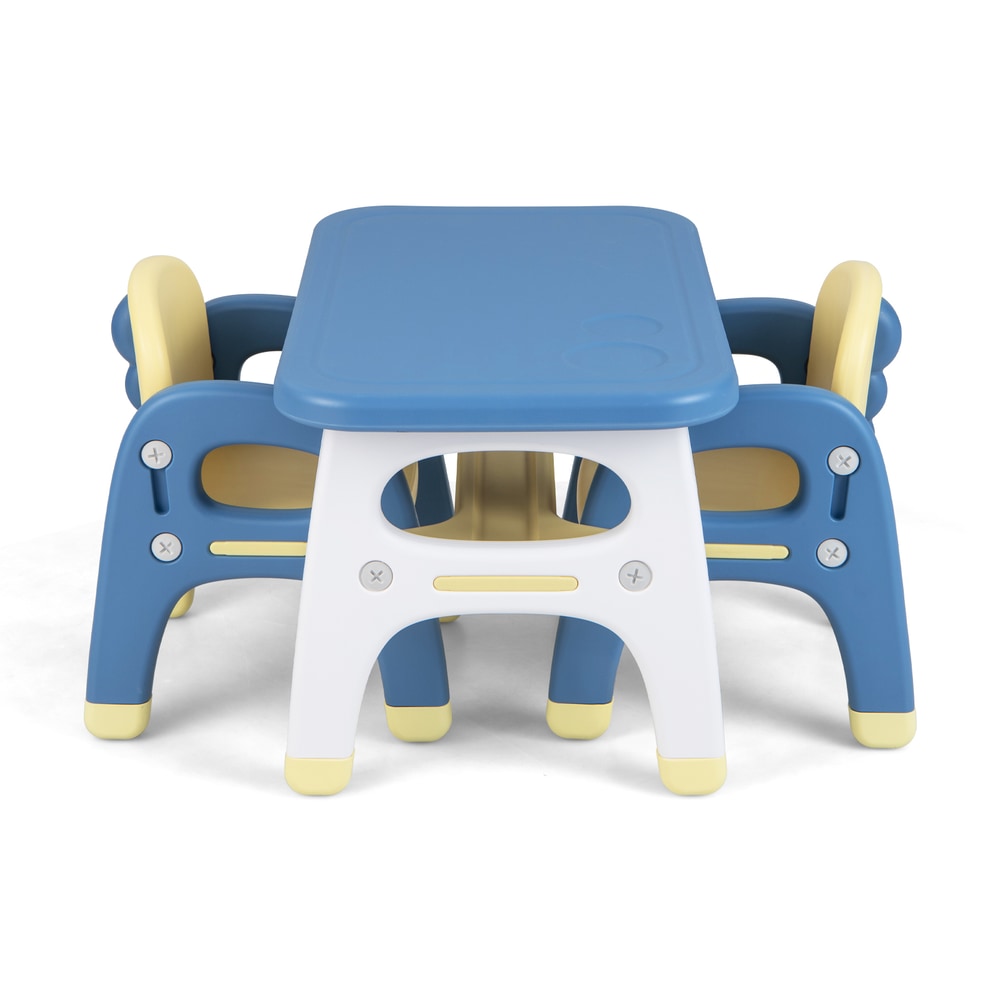 The kids table and chair set viewed from the front with chairs tucked under the table