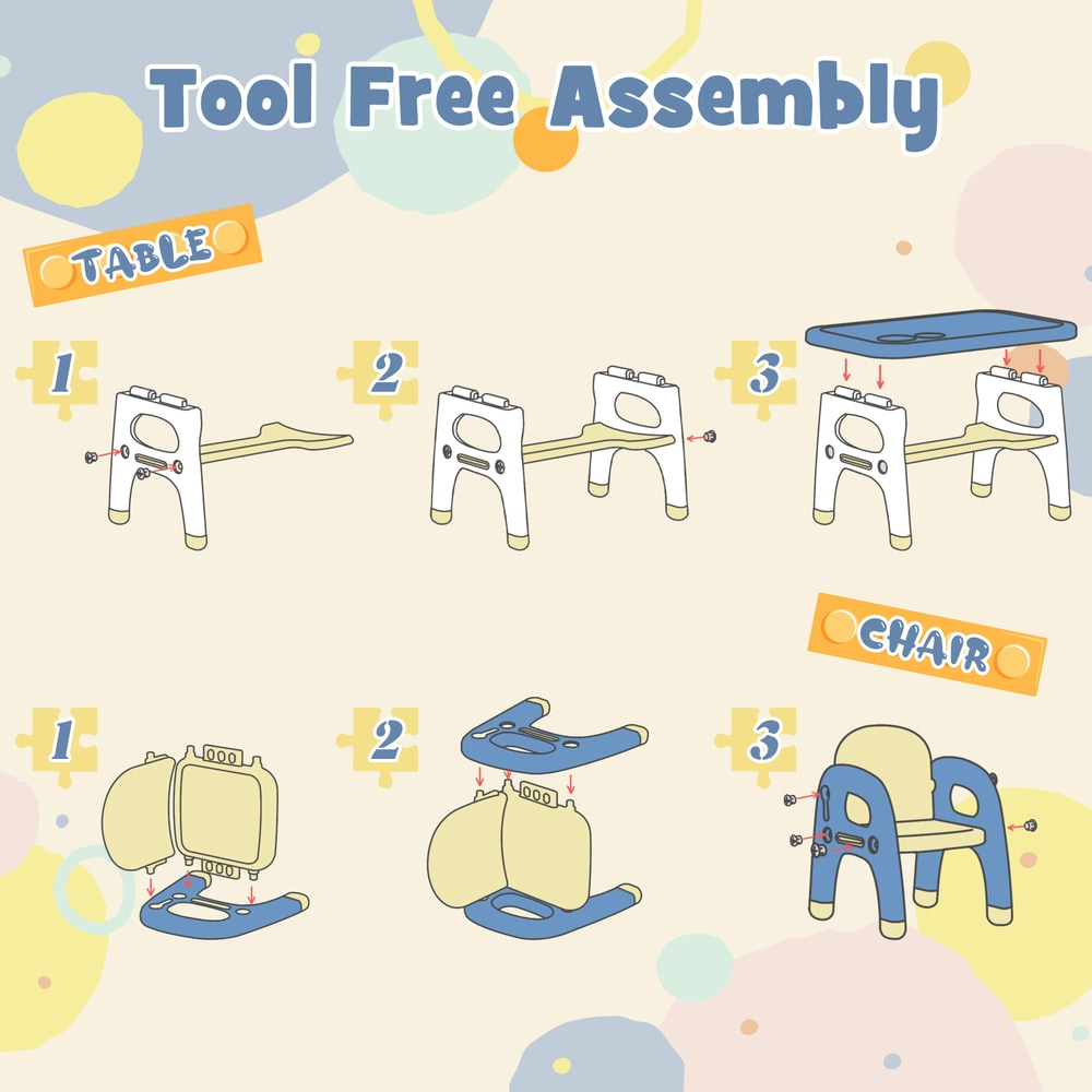 The kids table and chair set showing the simple steps for tool free assembly
