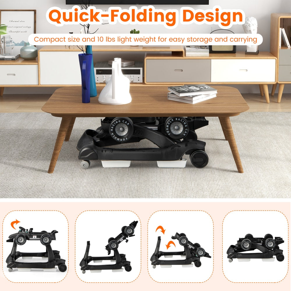 The black baby walker shown folded flat for storage