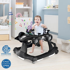 Black baby walker with a baby inside, in a room setting