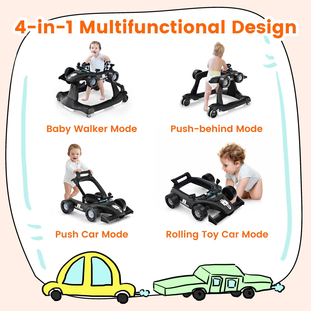 Four modes of the black baby walker: walker, push-behind, push car, and toy car