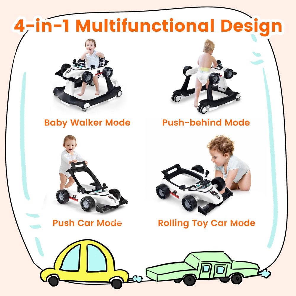 4-in-1 Baby Push Walker with Adjustable Height and Speed in White