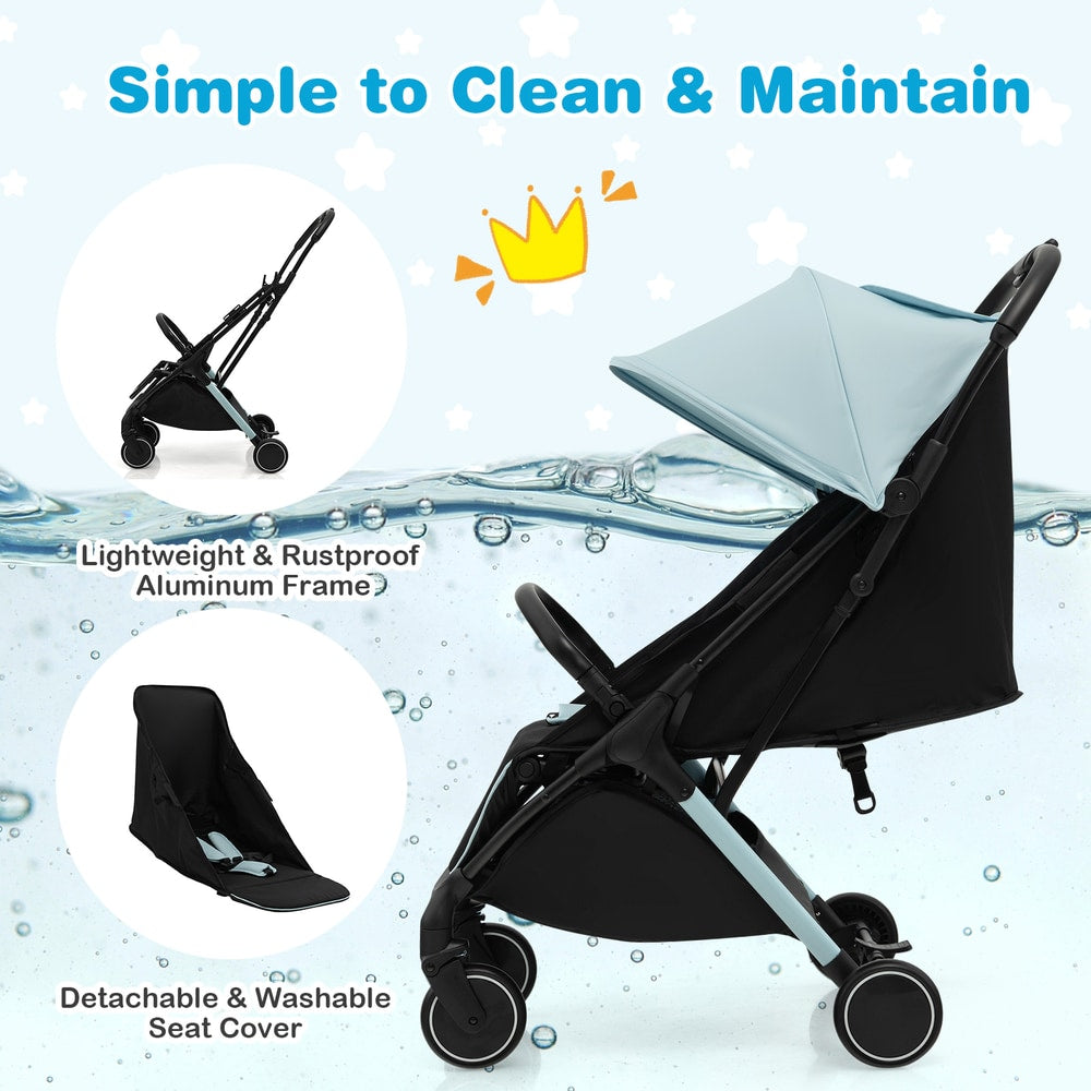 The baby stroller highlighting the detachable seat cover and lightweight frame features
