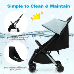 The baby stroller highlighting the detachable seat cover and lightweight frame features