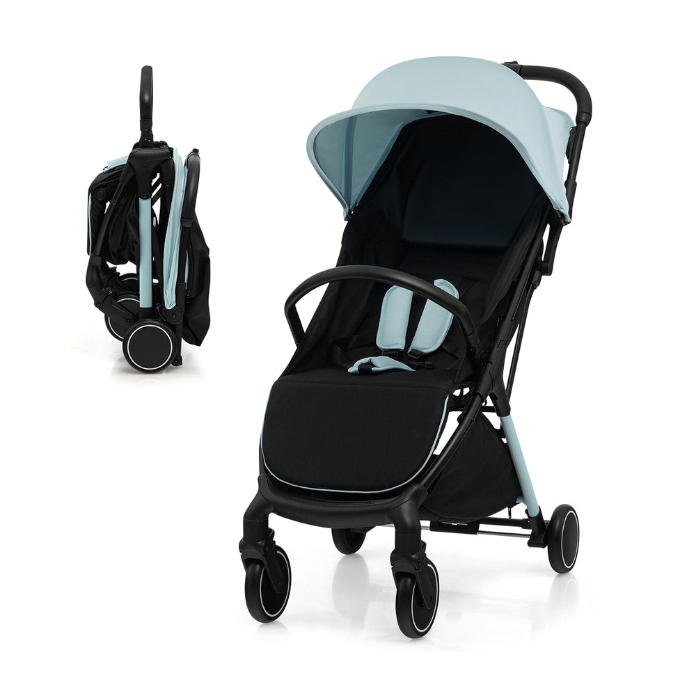 The baby stroller shown both fully assembled and in its compact folded position