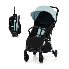 The baby stroller shown both fully assembled and in its compact folded position