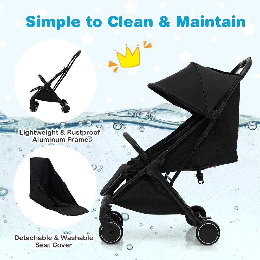 A black baby stroller with a detachable and washable seat cover, shown with a lightweight aluminum frame