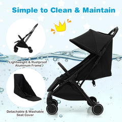 A black baby stroller with a detachable and washable seat cover, shown with a lightweight aluminum frame