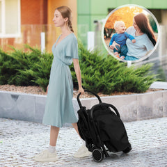 A woman pulls a folded black baby stroller along a path, with a circular inset showing a mother and baby