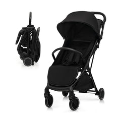 A black baby stroller shown both upright and folded, with the folded stroller to the left