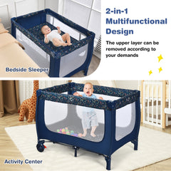 The blue baby playpen shown as a bedside sleeper and an activity centre