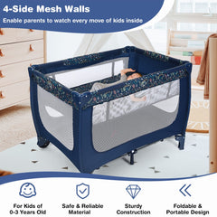 Blue baby playpen with mesh walls and lockable wheels in a nursery