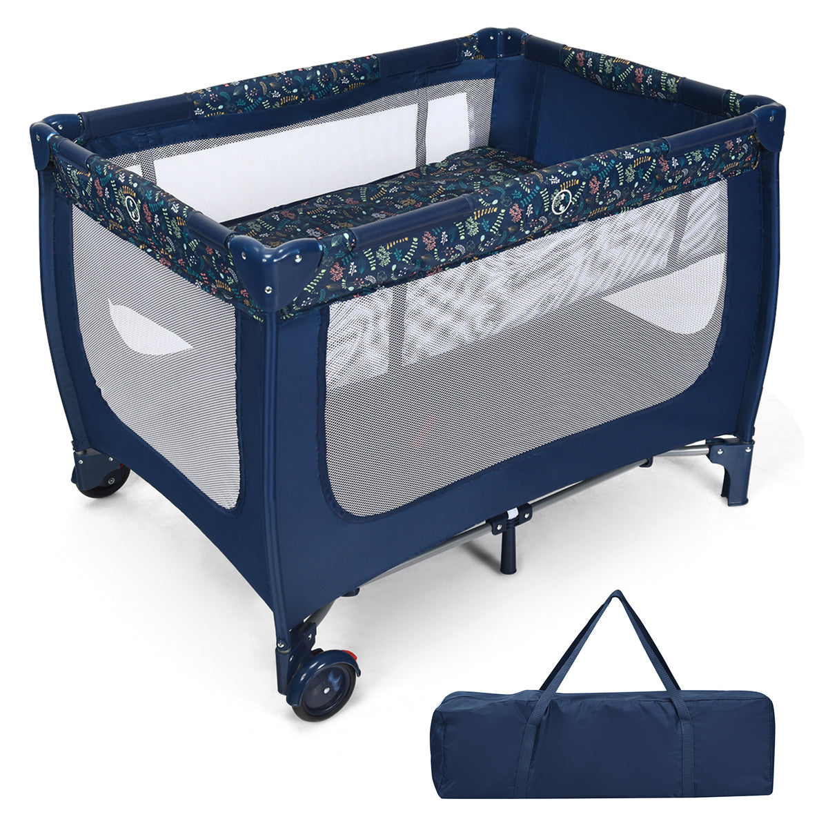 Blue baby playpen with mattress and carry bag shown separately