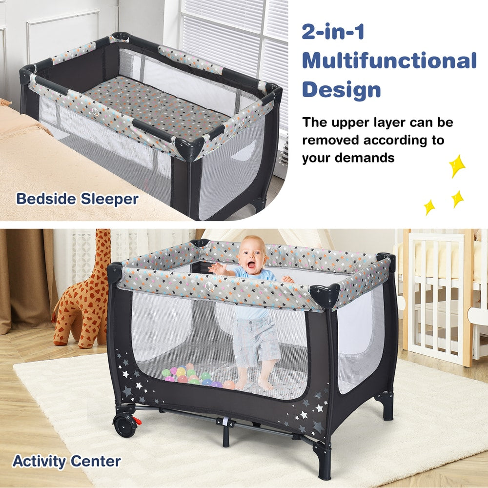 The baby playpen shown as a bedside sleeper and as an activity centre for a child