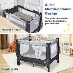 The baby playpen shown as a bedside sleeper and as an activity centre for a child
