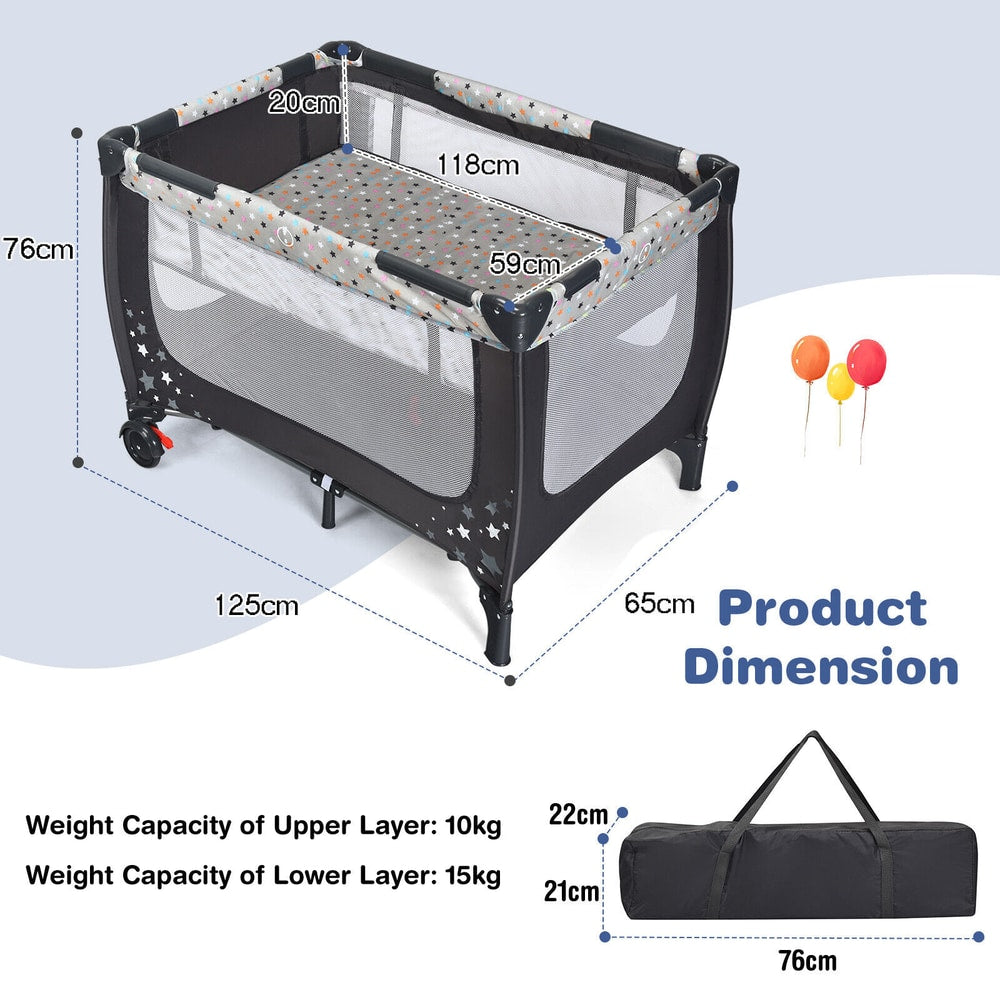 The baby playpen with annotated dimensions and weight capacity details on a white background
