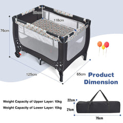 The baby playpen with annotated dimensions and weight capacity details on a white background