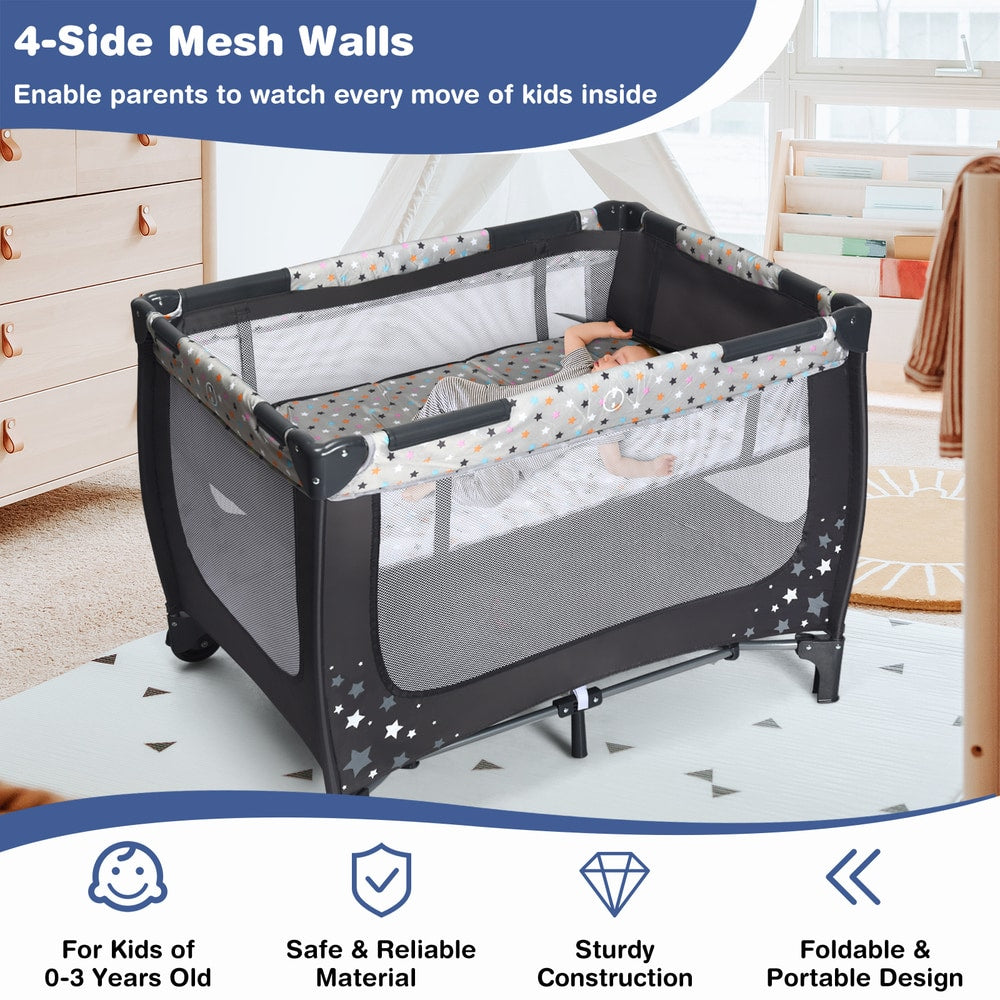 The baby playpen with mesh walls and text highlighting its key features and benefits
