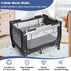 The baby playpen with mesh walls and text highlighting its key features and benefits