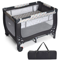The baby playpen shown alongside its black fabric carry bag for storage and travel