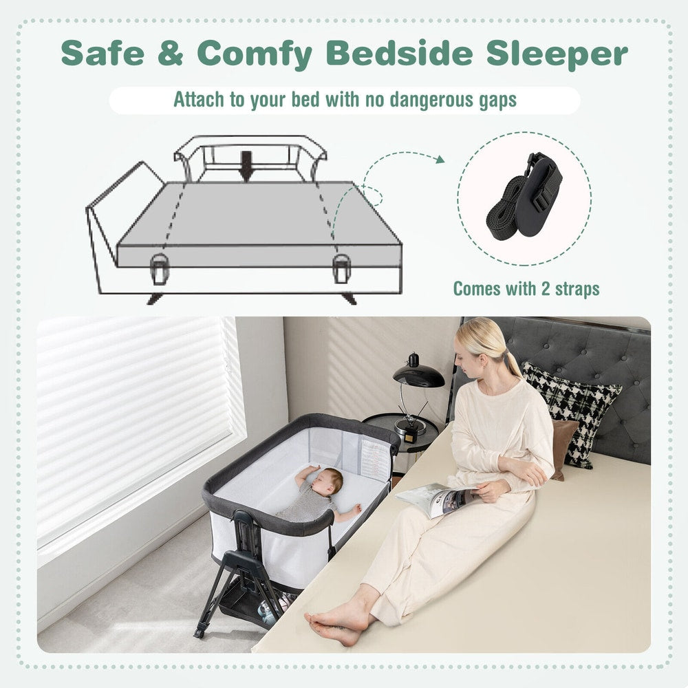 The bedside sleeper attached to a bed with straps, showing no gaps