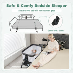 The bedside sleeper attached to a bed with straps, showing no gaps
