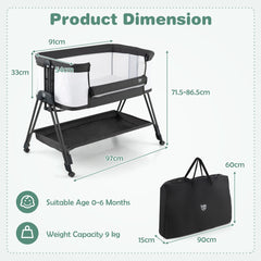 The bedside sleeper with dimensions and a carry bag
